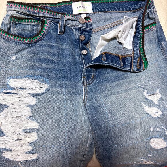 FRAME + Julia Sarr-Jamois crochet-trimmed distressed high-rise boyfriend jeans - Picture 5 of 13